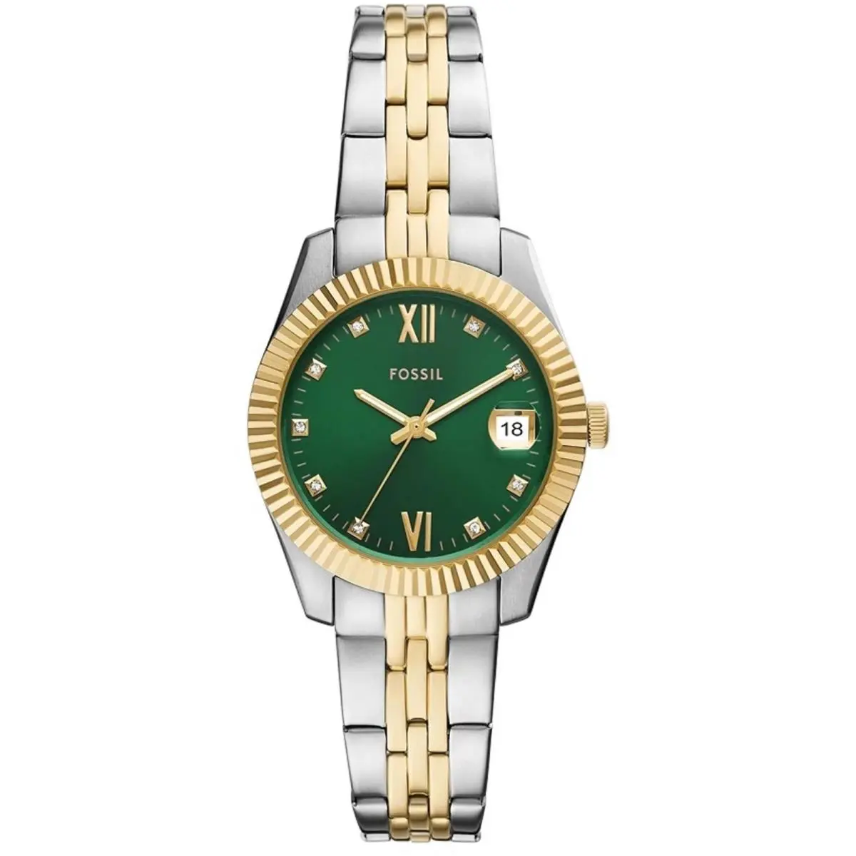 Fossil Women`s Watch Scarlette Quartz Green Dial Two Tone Steel Bracelet ES5388
