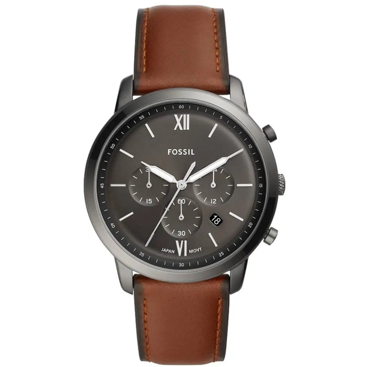 Fossil Men`s Watch Neutra Chronograph Grey Case Brown Leather Strap FS5512