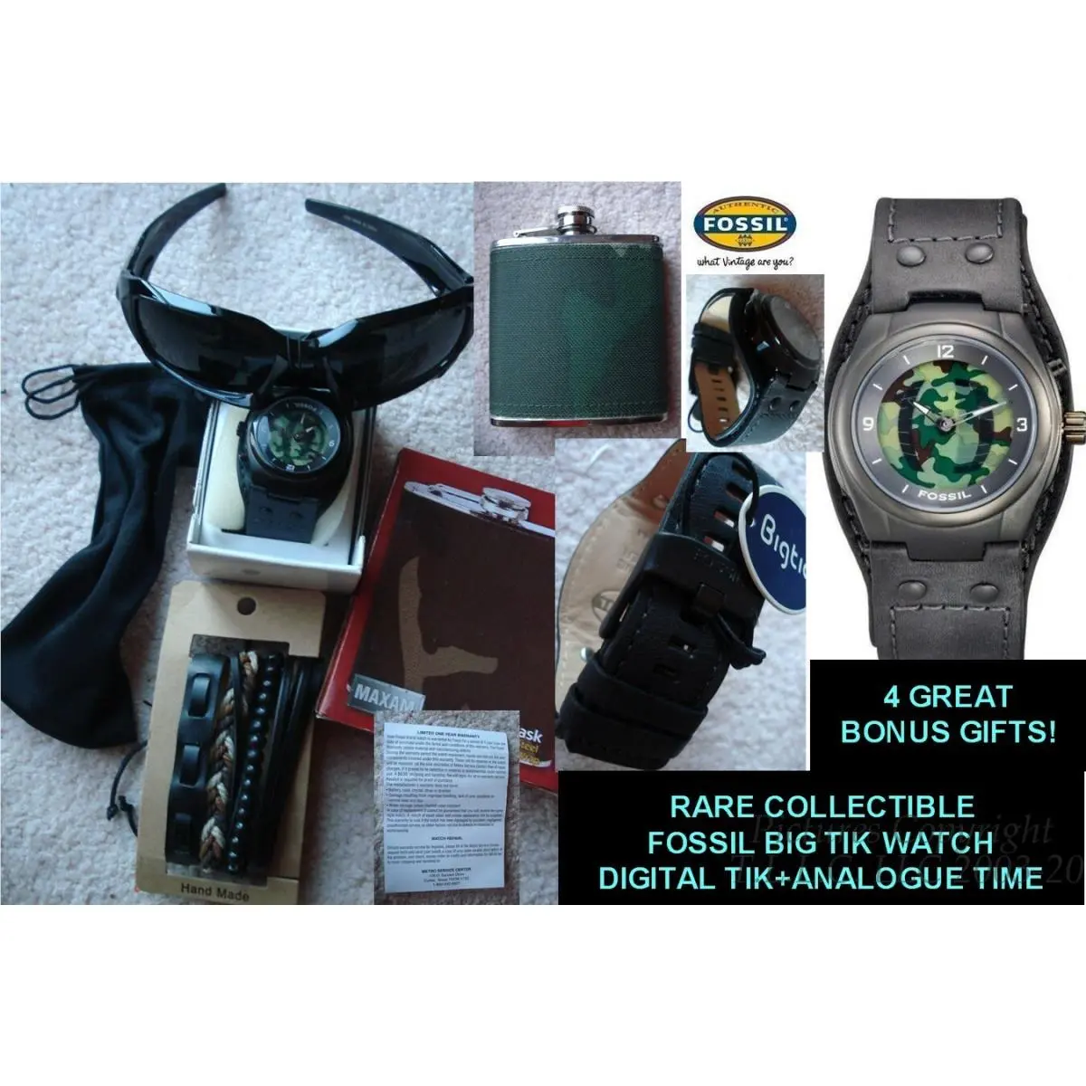 Nwt/new Rare Ani-digi Leather Cuff Band Camoflague Big Tik Fossil Watch +bonuses