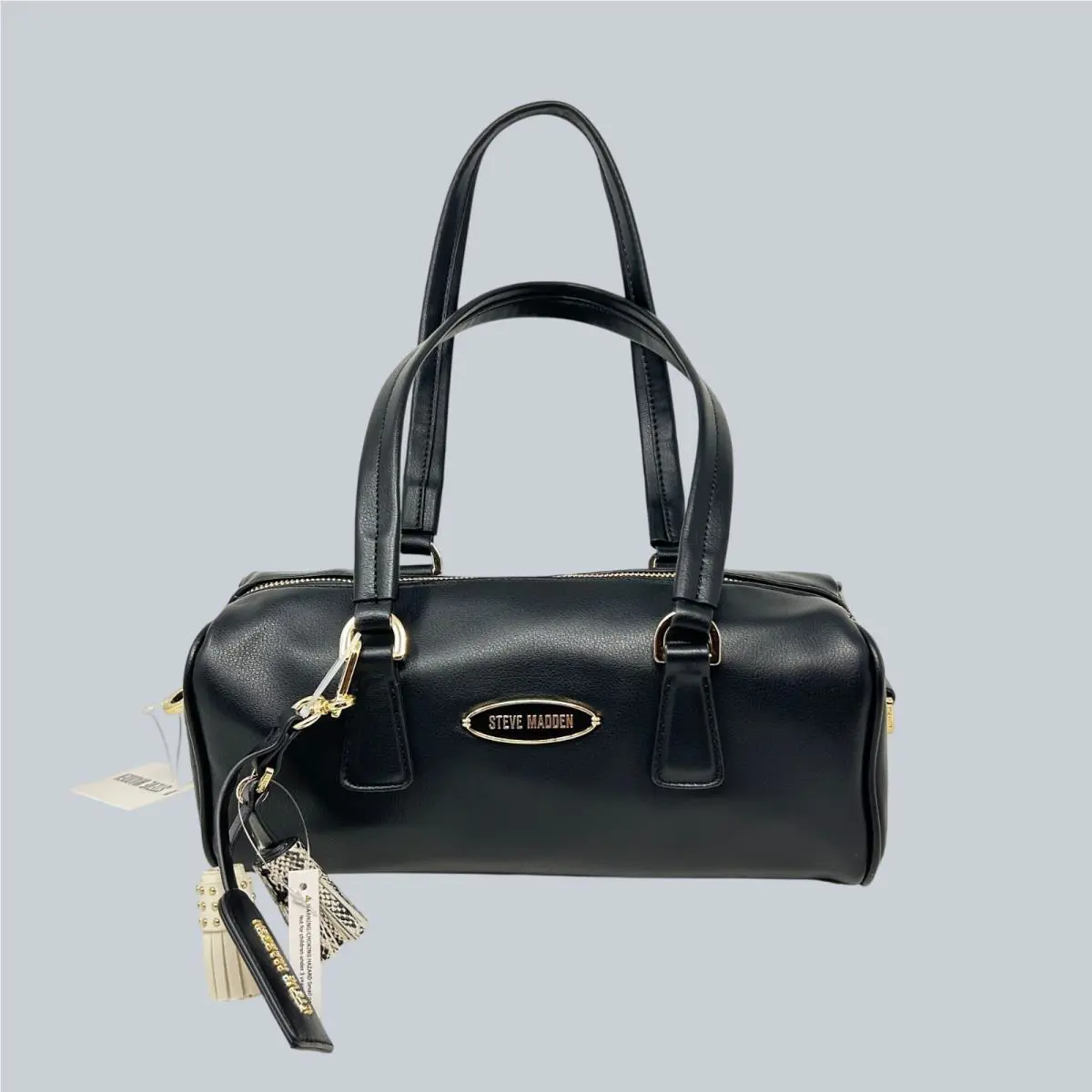 Steve Madden Black Leather Barrel Bag with Gold Hardware Tassel Accents