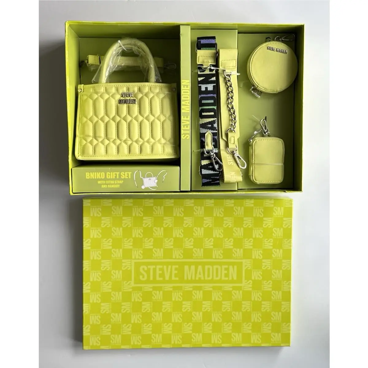 Steve Madden Bniko Purse Set Crossbody Quilted Bag Lemon Lime Green