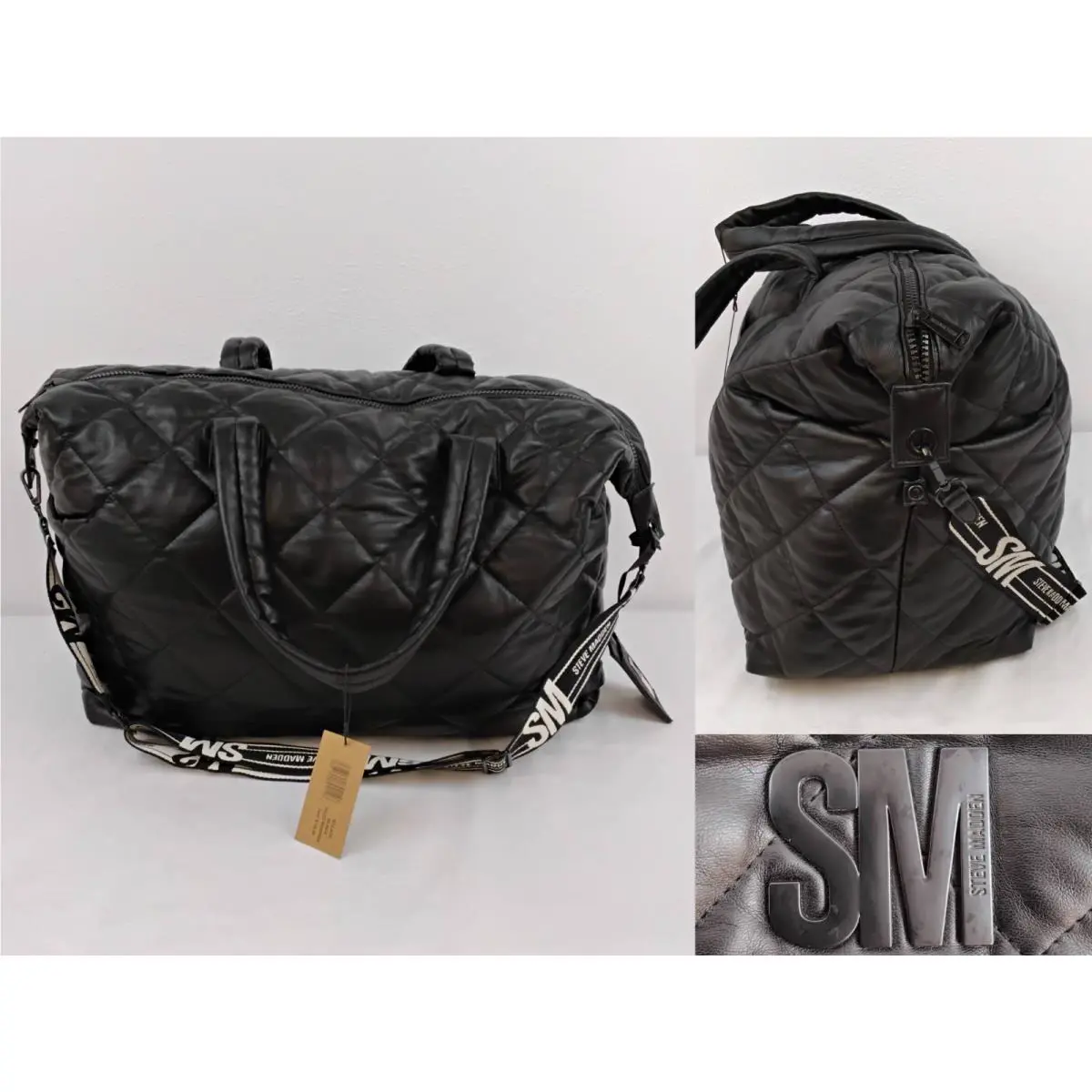 Steve Madden Weekender Bag Black Quilt Leather Overnight Duffle J5055