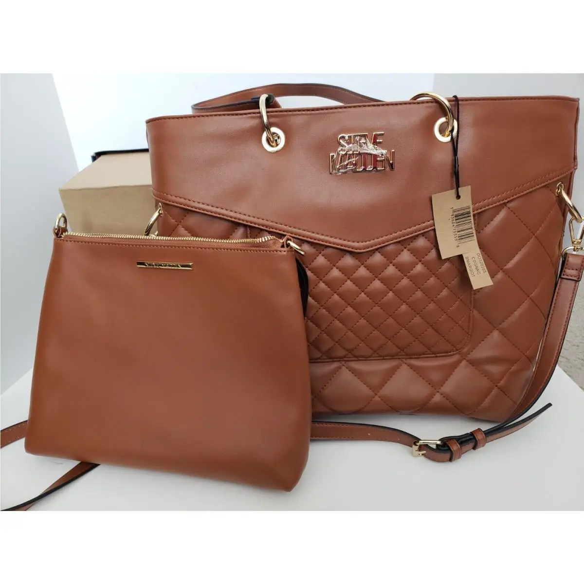 Steve Madden Large Quilted Tote Handbag + Med Size Handbag Cognac