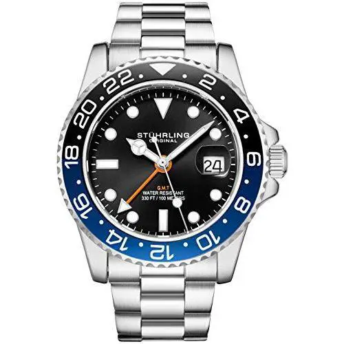 Stuhrling Jubilee Bracelet Gmt Screw Down 10 Atm Dual Time Silver Black Quartz
