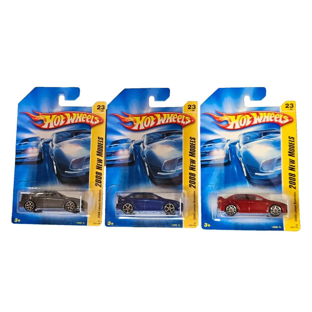 3 Hot Wheels 2008 Mitsubishi Lancer Evolution Silver Blue Red Case Fresh