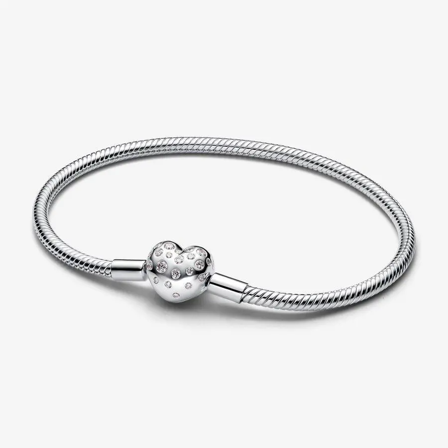 Pandora 925 Silver Diamond Heart Clasp Chain Bracelet 593646C01-20
