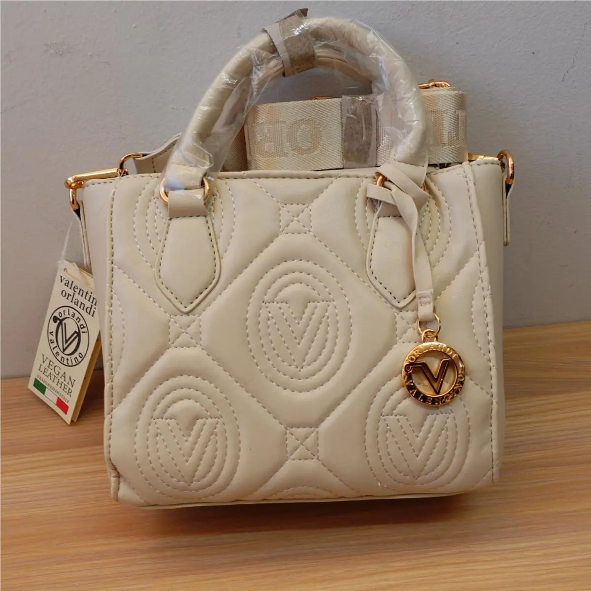 Italian Valentino Orlandi Tote Bag Womens Bone Quilted Logo Crossbody Vegan