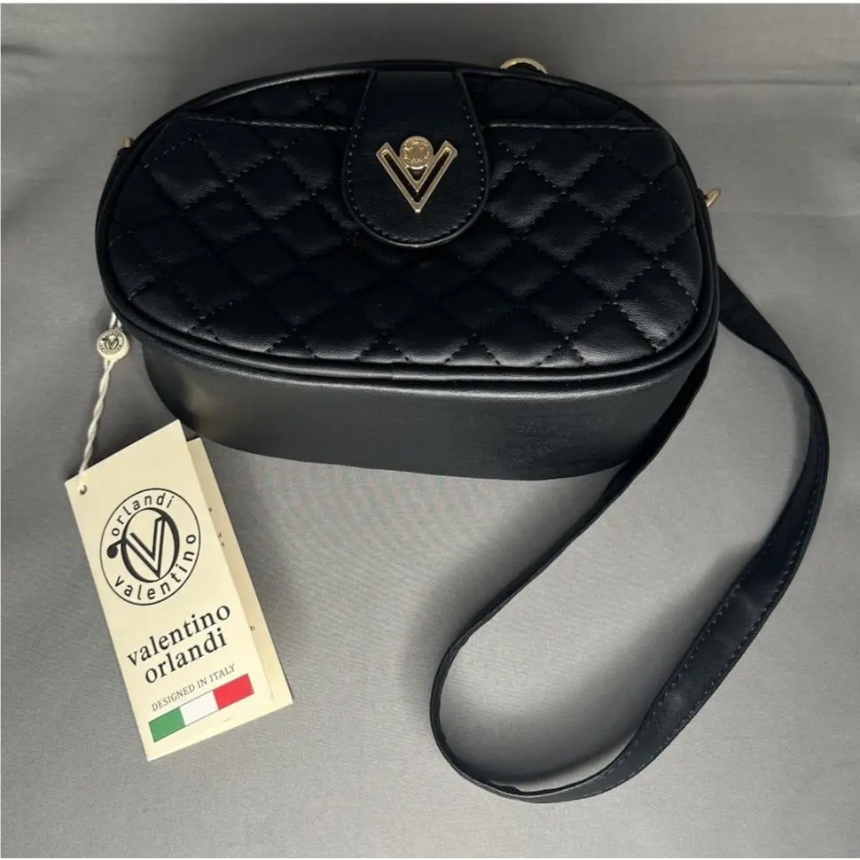 Valentino Orlandi Quilted “v” Gold Tone Logo Camera Crossbody Shoulder Bag