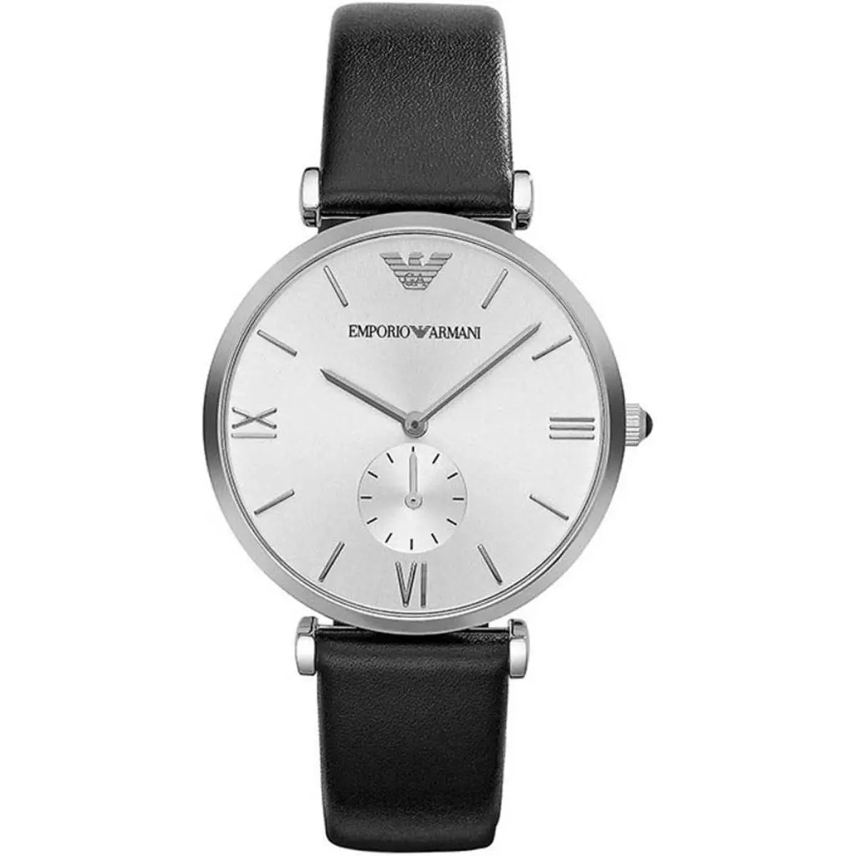 Emporio Armani AR1674 Retro Analog Quartz Silver Dial Black Leather Strap Watch