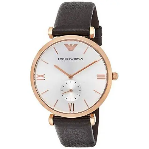 Emporio Armani AR9038 Classic Analog Silver Dial Brown Leather Strap Watch - Dial: Silver, Band: Black, Bezel: Rose Gold