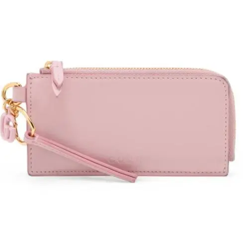 Gucci Double G Pink GG Leather Card Case Women`s GG Heart Charm Gold