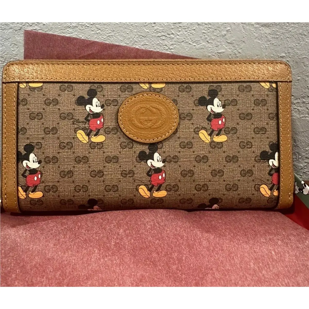 Disney X Gucci GG Mickey Mouse Zip Around Women Wallet Tan Brown Italy