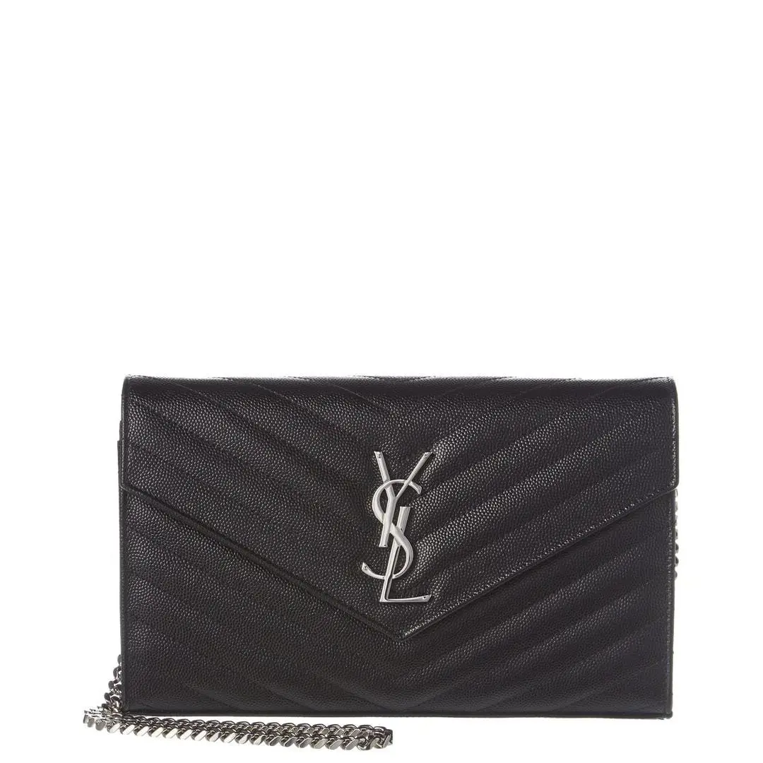 Saint Laurent Monogram Grain De Poudre Leather Wallet On Chain Women`s Black Os