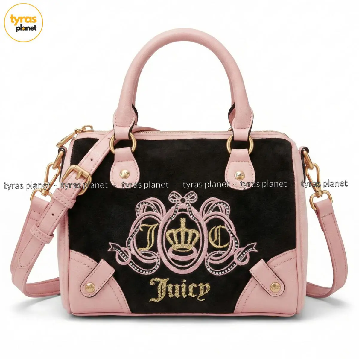 Juicy Couture Black Pink Velour Barrel Satchel Crown Logo Rhinestone Crossbody