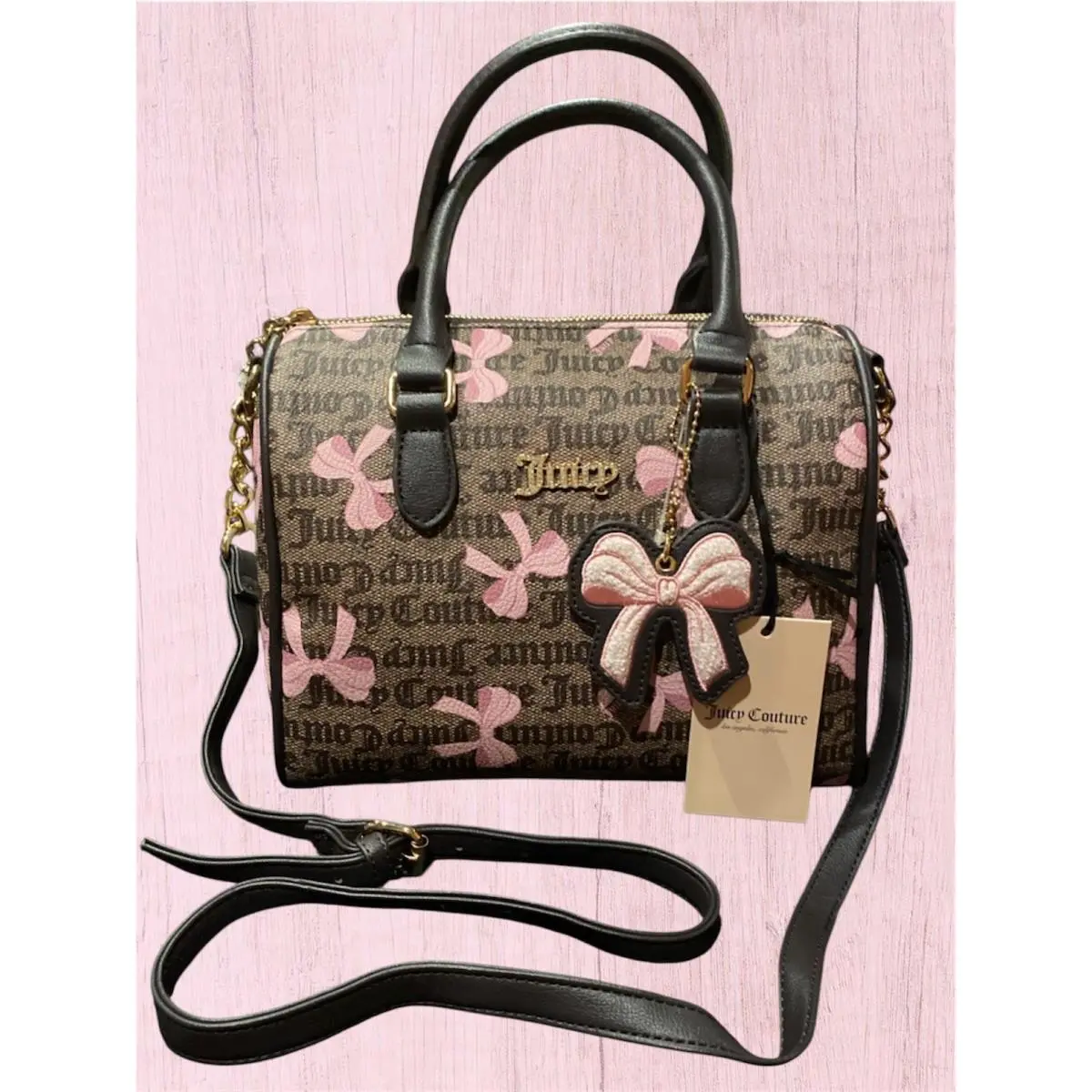 Juicy Couture Simply Sweet Brown W/pink Bow Satchel Bag Bow Charm Coquette