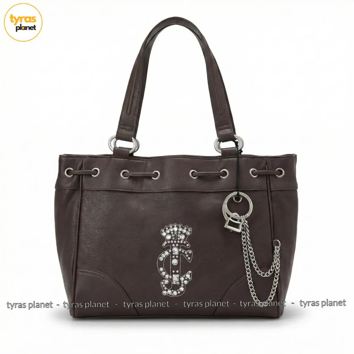 Juicy Couture Chocolate Brown Tote Bag Crystal Crown Logo Bling Shoulder Purse