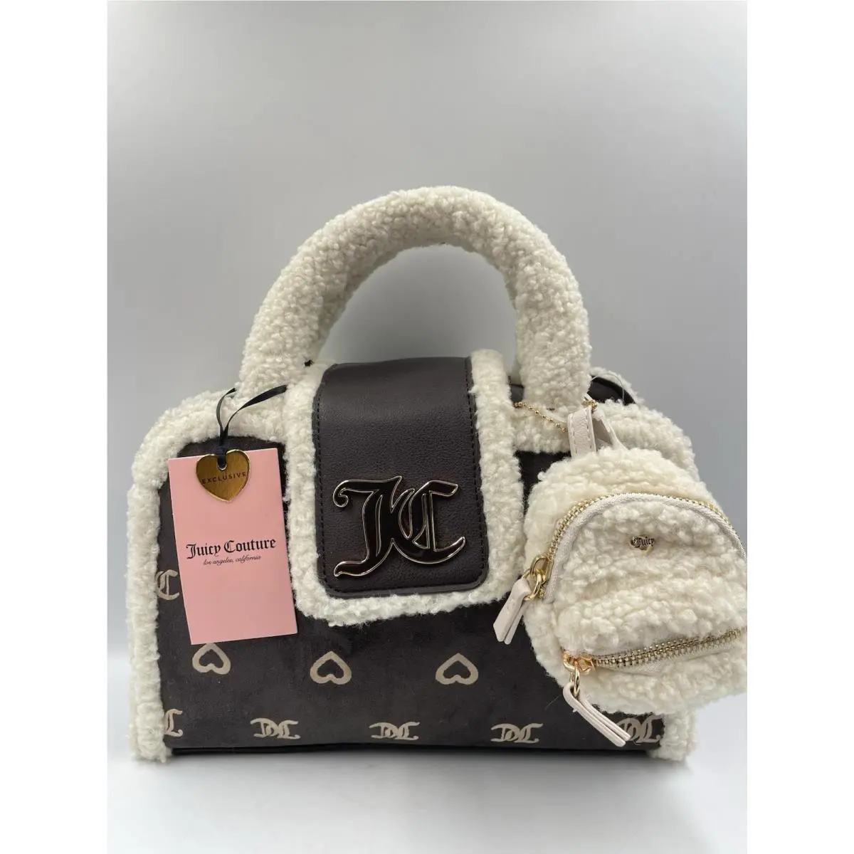 Juicy Couture Snuggles White Sherpa Chocolate Brown Pecan Satchel Crossbody Bag