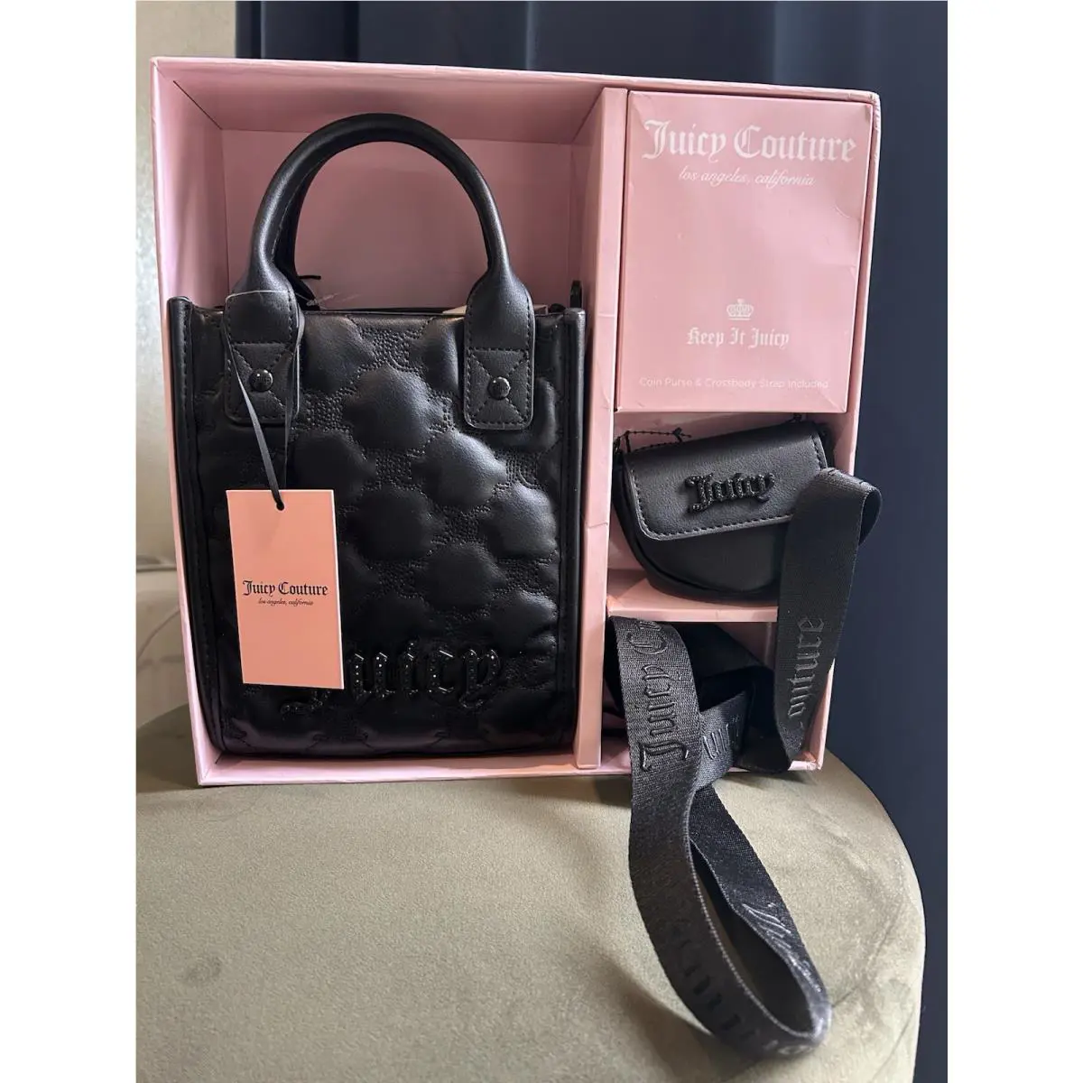 Juicy Couture 3 Piece Bag Set Gothic Quilted Liquorice Coin Purse/ Strap
