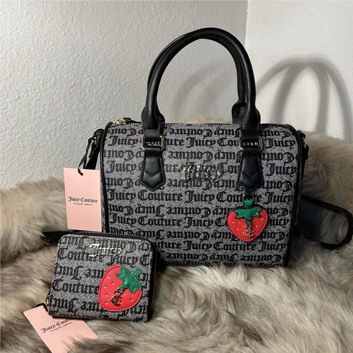 Juicy Couture Freshly Picked Satchel Wallet Set - Black Beige - Strawberry