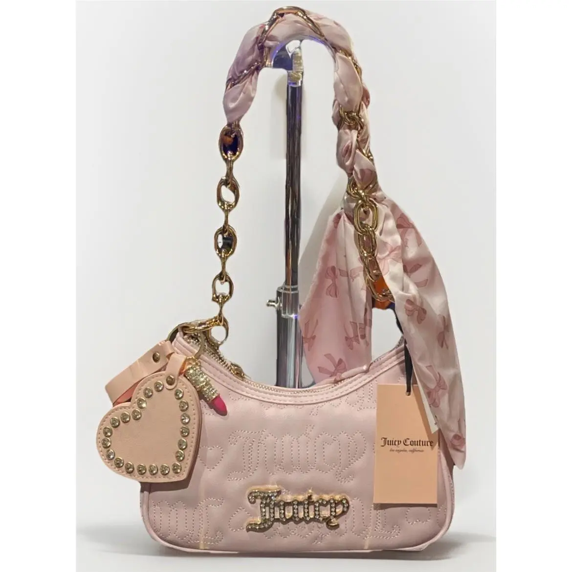 Juicy Couture Fashion with Twist Pink Shoulder Bag W/ribbon Scarf Purse Charm