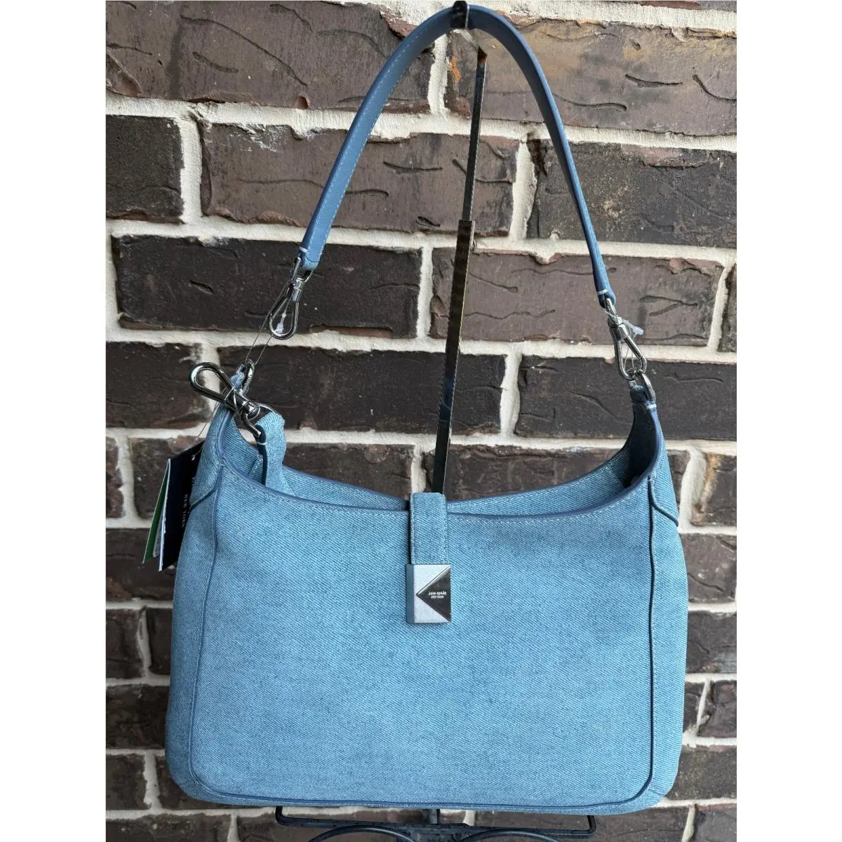 Kate Spade Deco Denim Print Suede Hobo Crossbody Shoulder Bag Blue