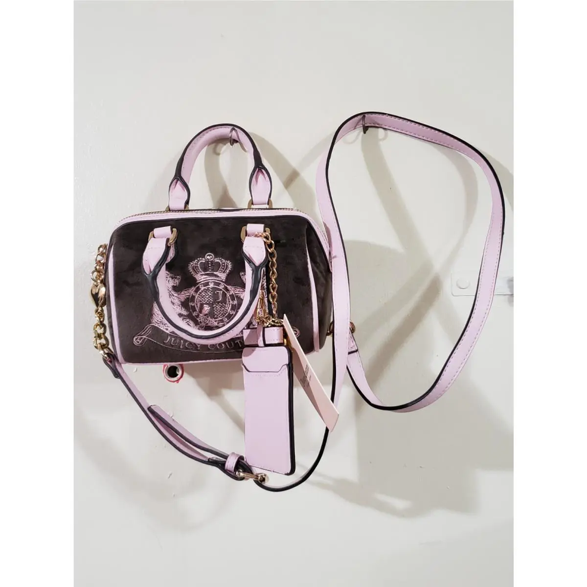 Juicy Couture Classic Scottie Dog Mini Satchel Purse Bag in Chocolate/pink