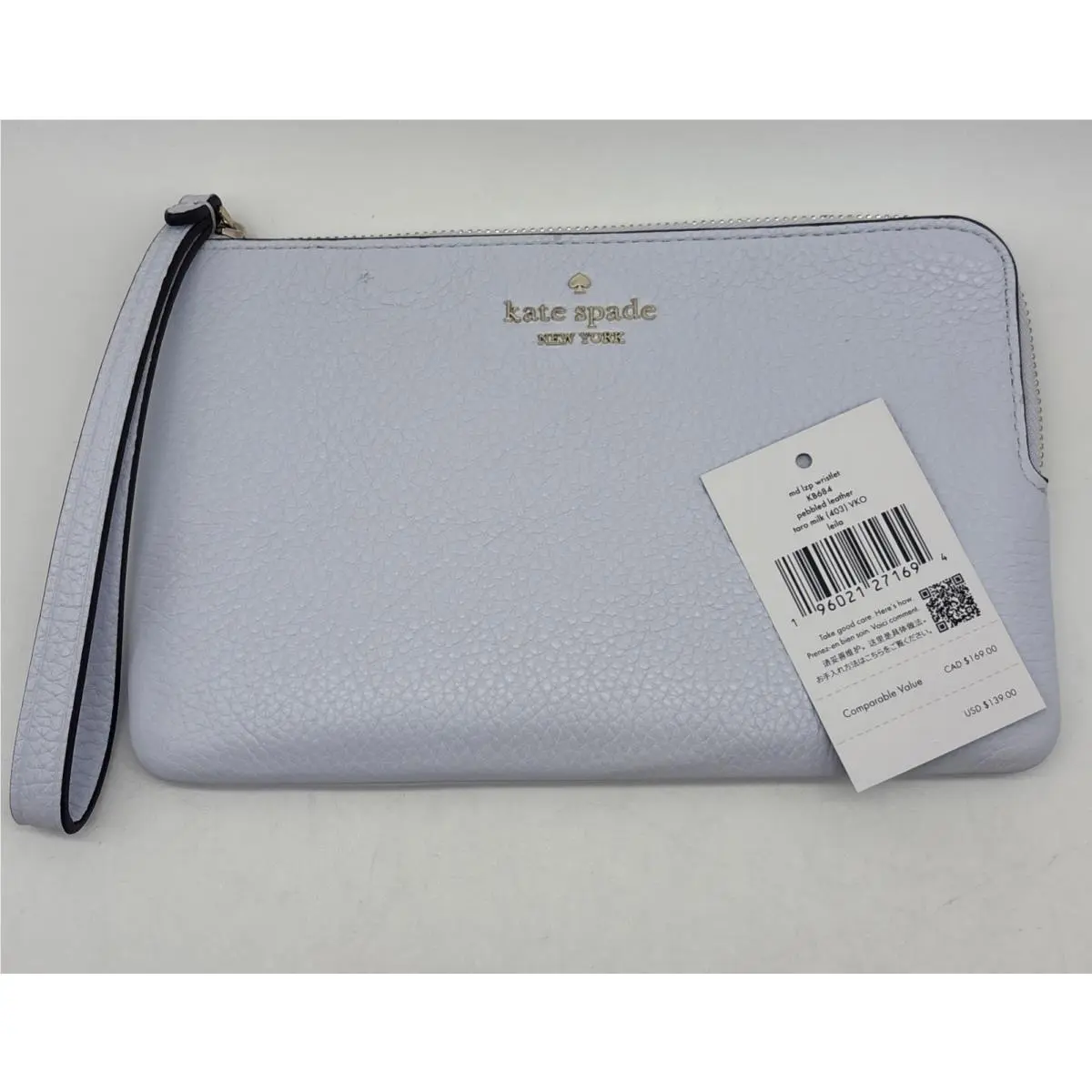 Kate Spade Pebble Leather Wristlet Medium Taro Milk New
