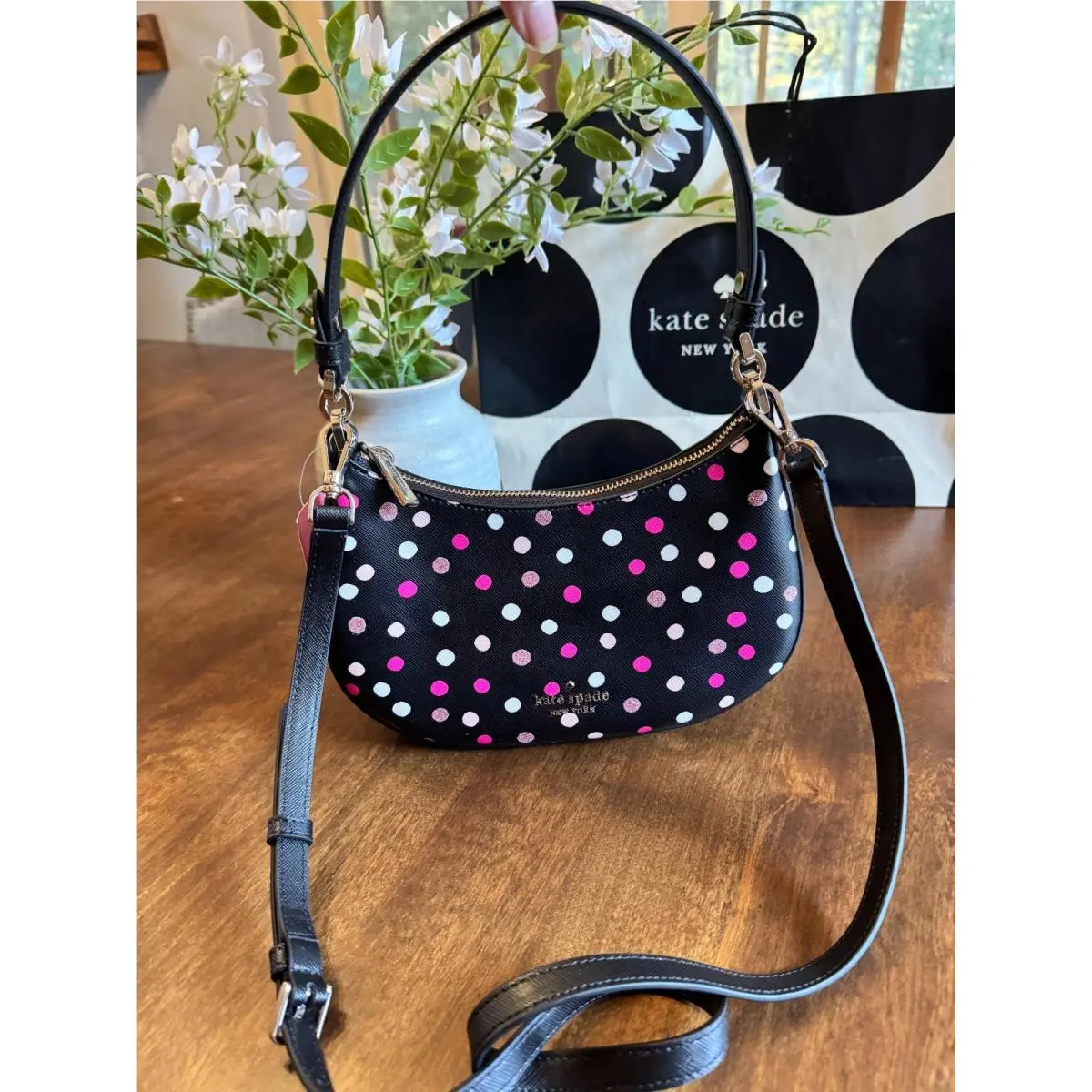 Kate Spade Staci Glimmer Dot Half Moon Crossbody Black Pink Glitter Shoulder
