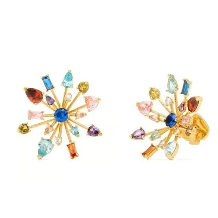 New Kate Spade Gold Tone Firework Floral Multi Color Crystals Stud Earrings+box