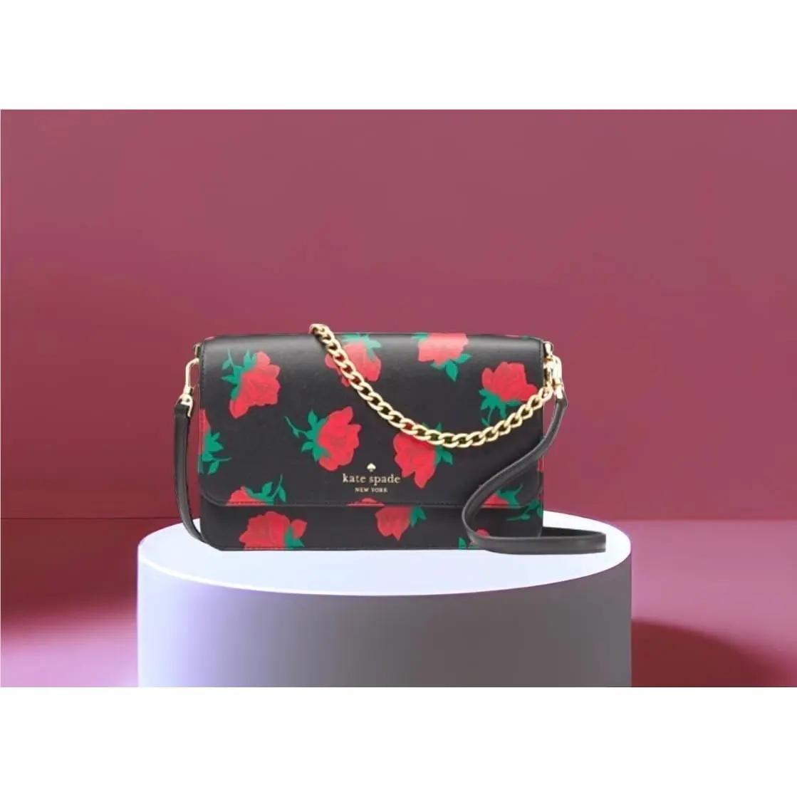 Kate Spade Crossbody Rose Printed Flap Crossbody Purse Black Multi
