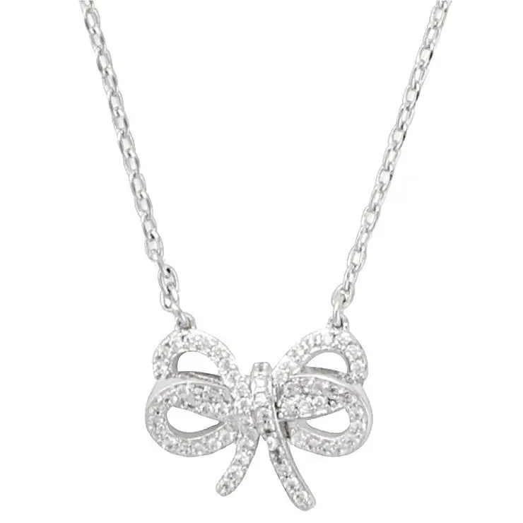 New Kate Spade Silver Tone Bow Meets Girl Pave Crystals Pendant Chain Necklace