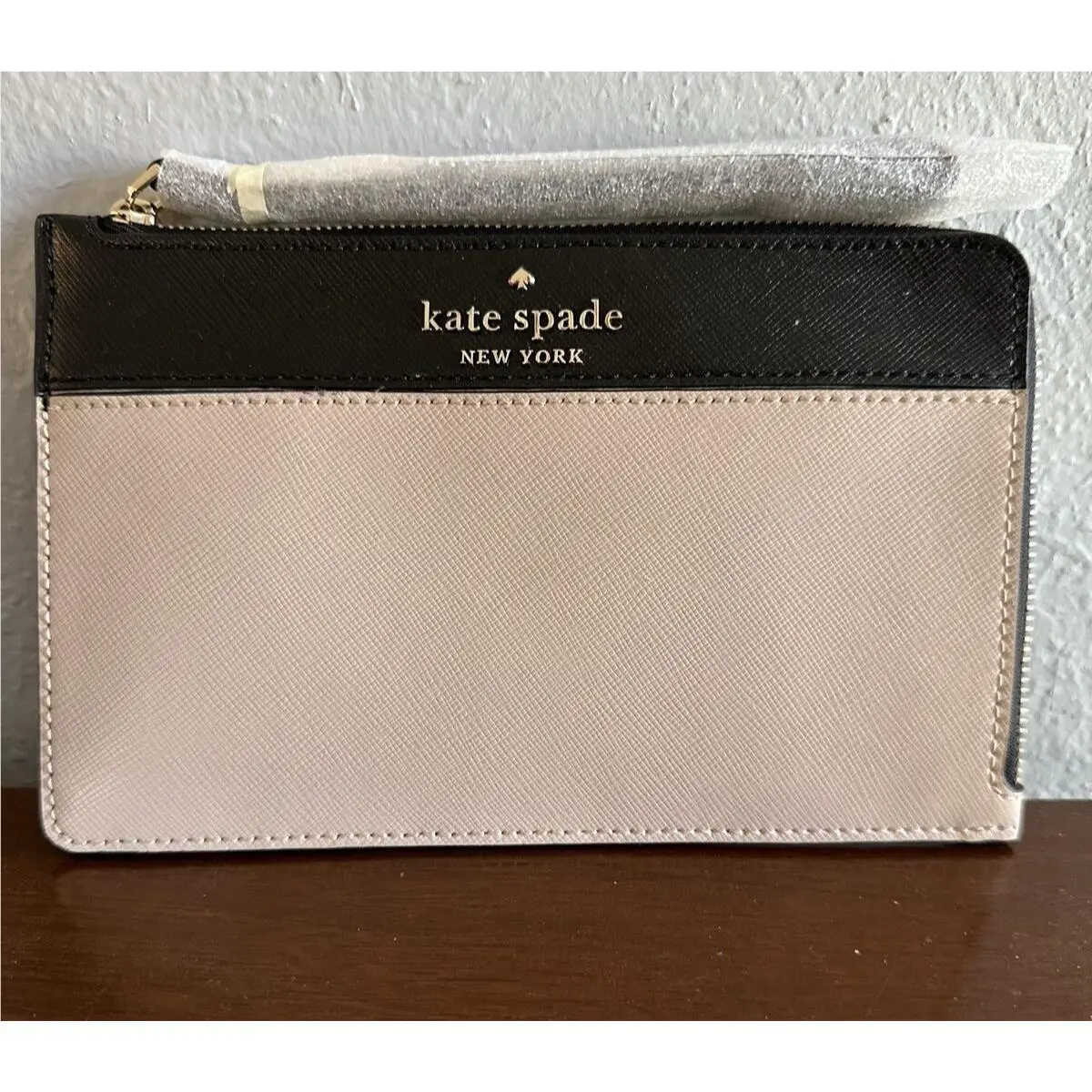Kate Spade Staci Colorblock Medium Zipper Wristlet Warm Beige and Black Leather