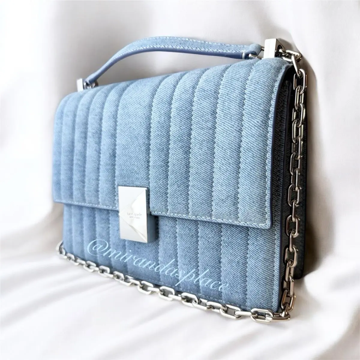 Kate Spade Deco Quilted Denim Suede Leather Silver-tone Chain Shoulder Bag