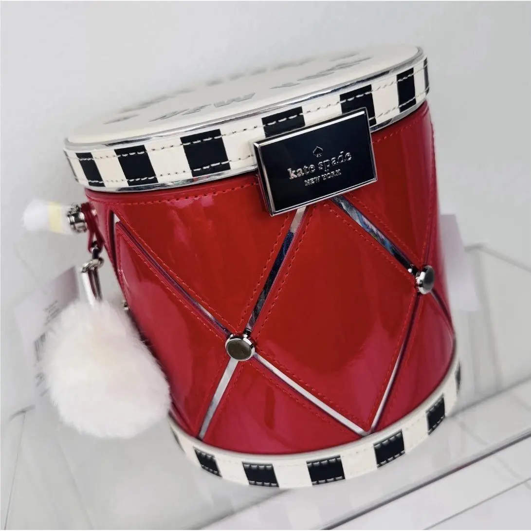 Kate Spade 3D Drum Crossbody Bag Womens Red White Oh What Fun Fur Charm New
