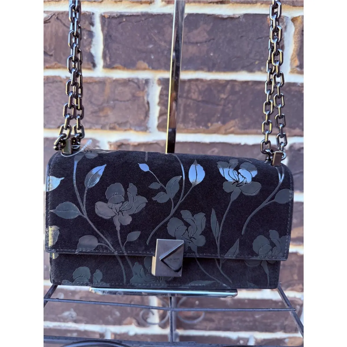 Kate Spade Deco Uptown Blooms Printed Suede Mini Flap Chain Crossbody Black