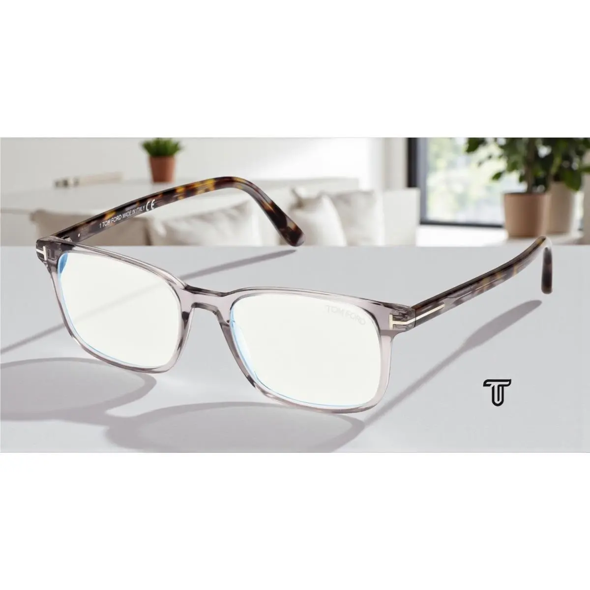 Tom Ford FT5831 B 020 Shiny Grey Blue Block Lens 51 mm Men`s Eyeglasses