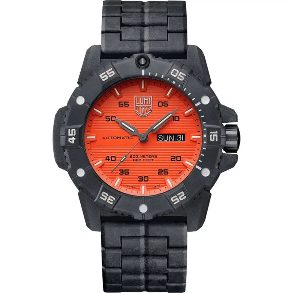 Luminox Men`s Watch Master Carbon Seal Automatic Orange Dial Black Bracelet 3869