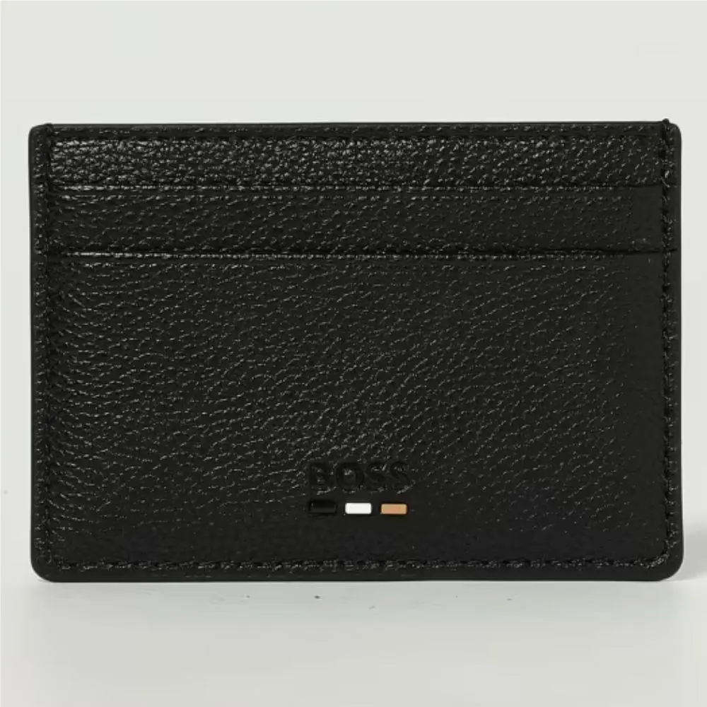 Hugo Boss Mens Solid Black Ray Card Holder Silver Money Clip Leather Wallet OS