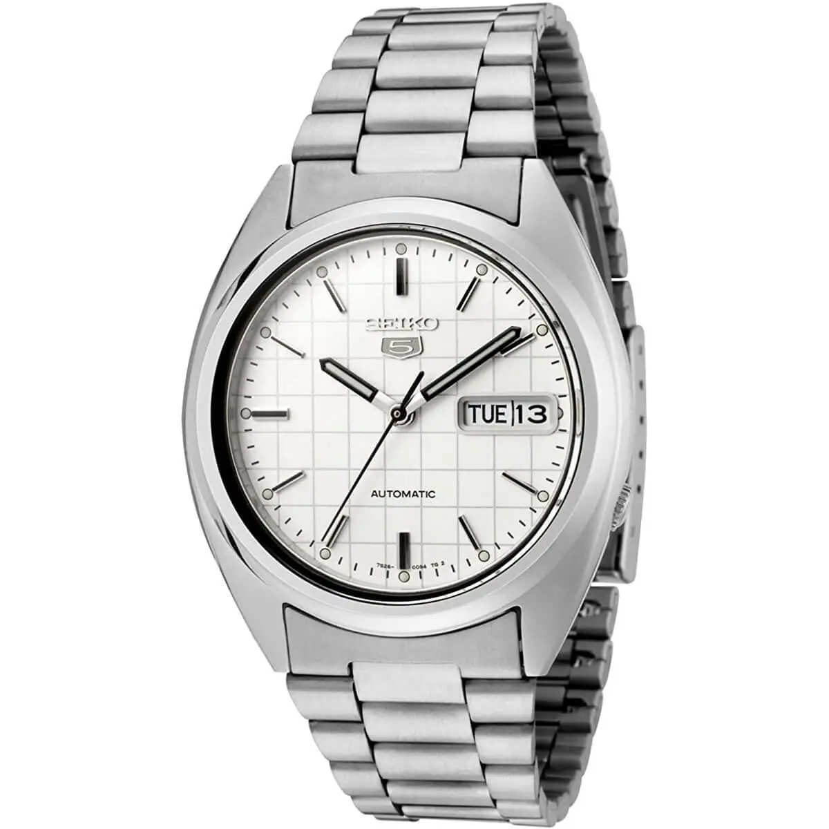 Men`s Watch Series 5 Automatic White Grid Dial Silver SS Bracelet SNXF05K1 by Seiko