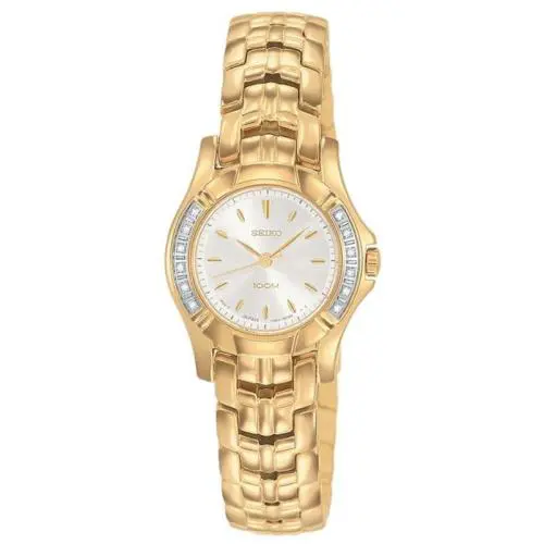 Seiko Dress Silver Dial Diamonds Gold-tone St.steel Ladies Watch SXGN52 - Dial: Silver, Band: Gold, Bezel: Gold