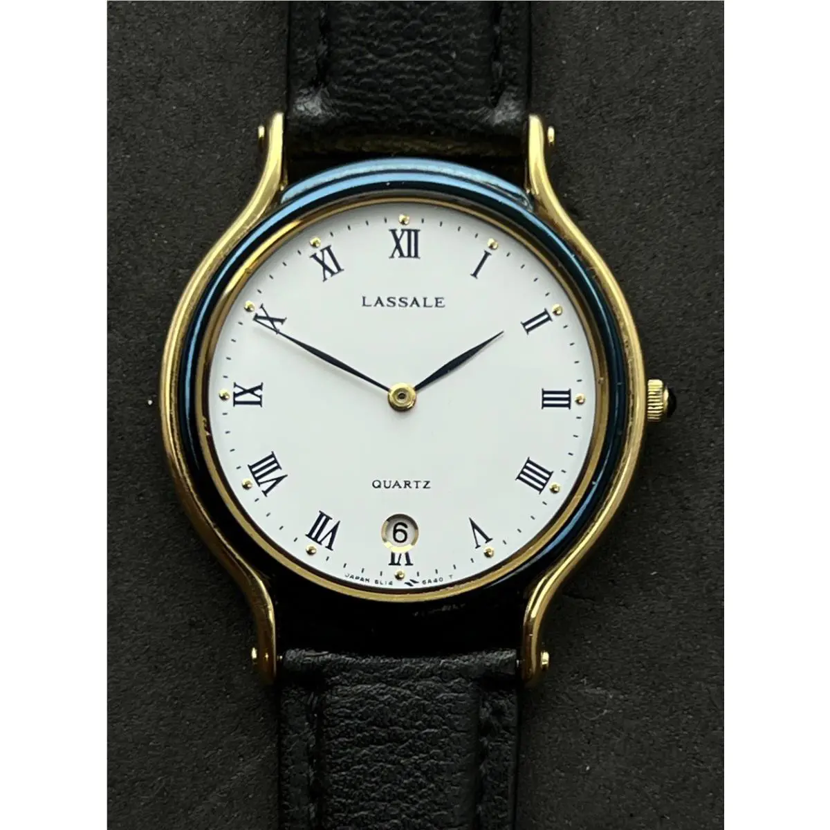 Seiko Vtg 1987 Lassale Men’s 35mm Slim Quartz Watch Date Gold White Dial Leather