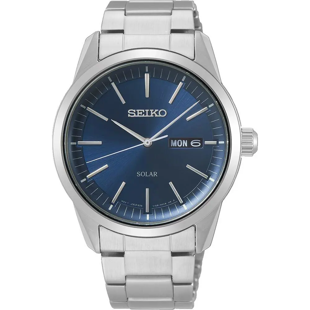 Seiko SNE525P1 SNE525 Men`s Dress Solar Quartz Stainless Steel Day Date 100m WR - Dial: Blue, Band: Silver