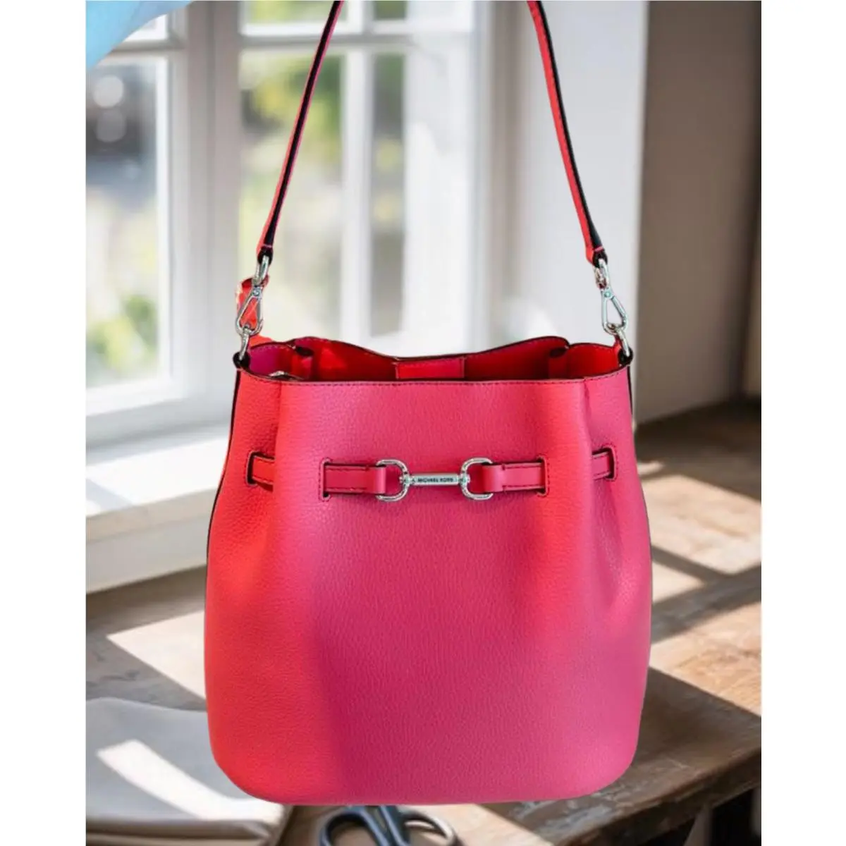 Carson Women Medium Leather Convertible Bucket Crossbody Bag HIBISCUS by Michael Kors