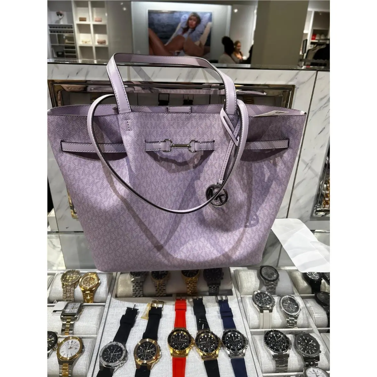 Michael Kors Carson Women Large Signature Logo Shoulder Tote Handbag LT Quartz