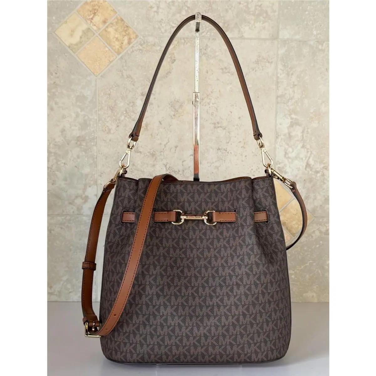 Carson MD Center Zip Bucket Shoulder Crossbody Bag MK Brown by Michael Kors