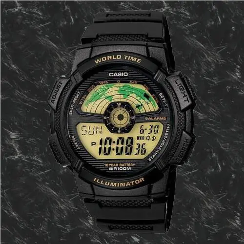 Casio AE-1100W-1BV World Time 100m WR Watch Map 5 Alarms 10 Year Battery