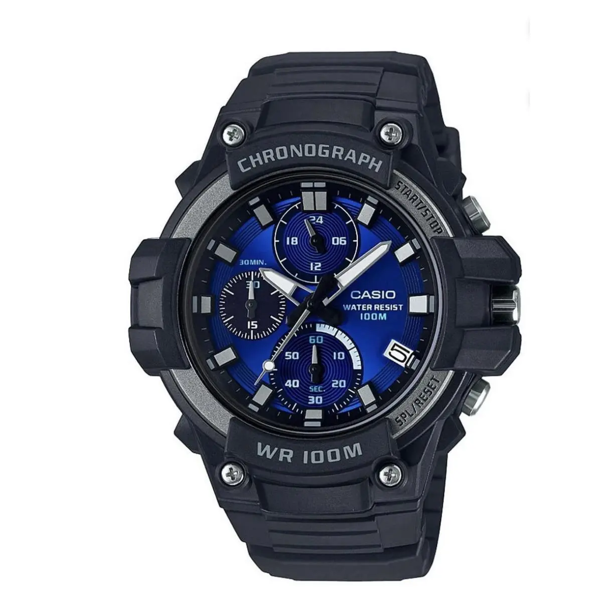 Casio MCW110H‑2A2TV Men’s Chronograph Quartz Watch – Black/blue Resin 100M WR –