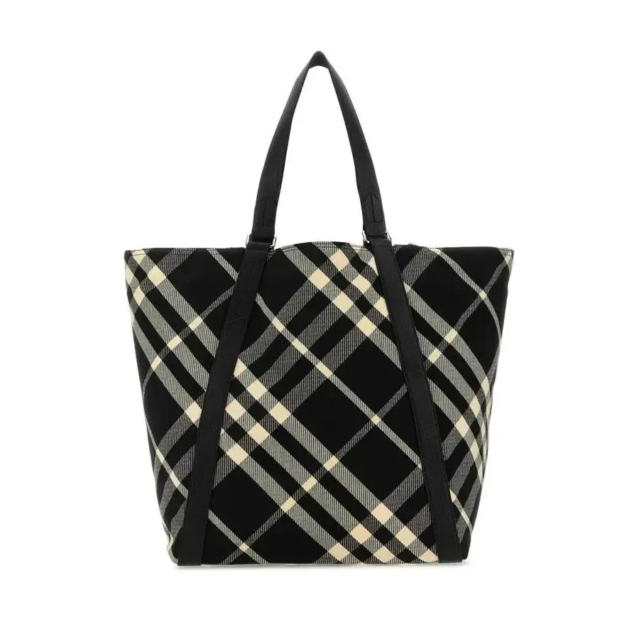 Burberry Jacquard Shopper Tote Bag Men`s One Size Black/calico Leather Trim
