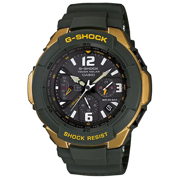 Casio Tough Solar Gravity Defier World Time Alarm Men`s Watch G-1200G-1A - Dial: Black, Band: Black, Bezel: Green