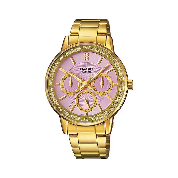 Casio Purple Dial Day Date Gold-tone St.steel Ladies Watch LTP-2087G-6AV
